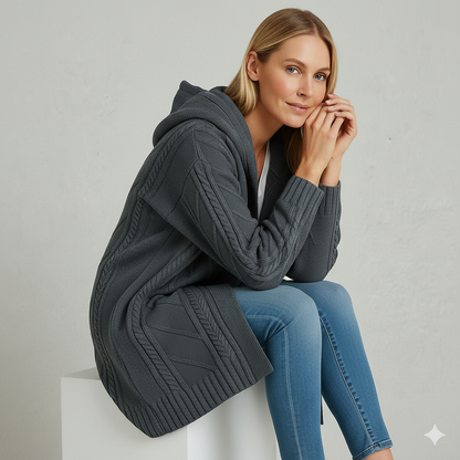 Langer Damen Strickmantel mit Kapuze | Elegant & Warm für Herbst/Winter