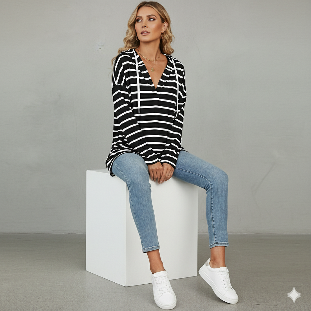 Gestreifter Damen Hoodie mit V Ausschnitt