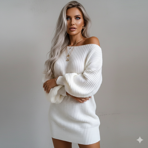 Damen Strickkleid schulterfrei | Elegant & Warm für Herbst Winter