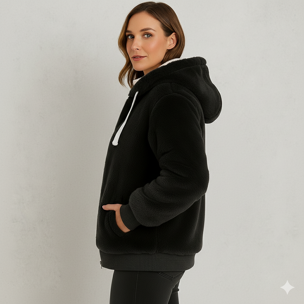 Kuschelige Damen Plüschjacke mit Kapuze und Reißverschluss | Winter