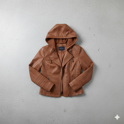 Damen Lederjacke mit Kapuze | Modern & Abnehmbar | Übergang