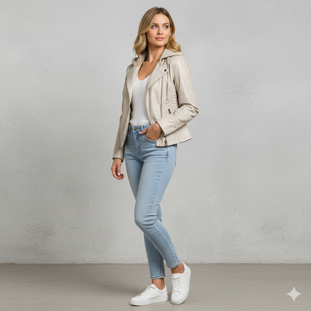 Damen Lederjacke mit Kapuze | Modern & Abnehmbar | Übergang