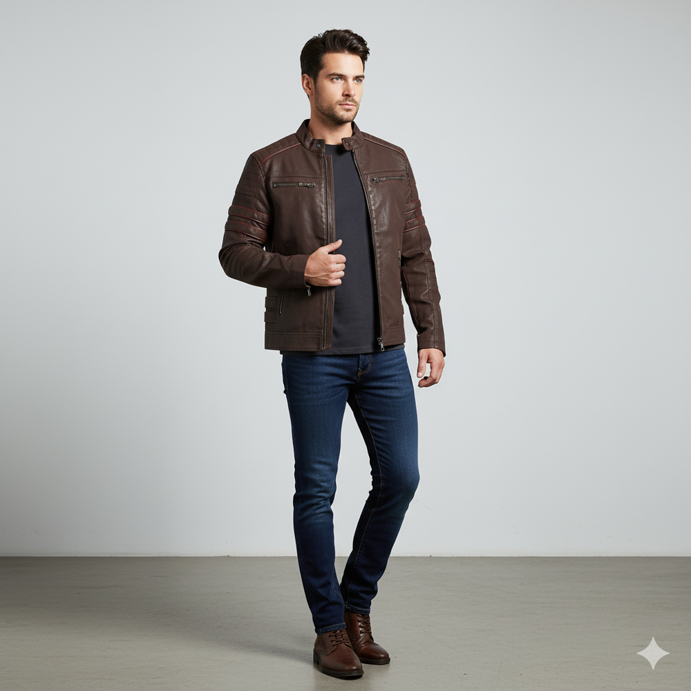 Herren Bikerjacke aus Veganleder mit Stehkragen | Herbst Winter