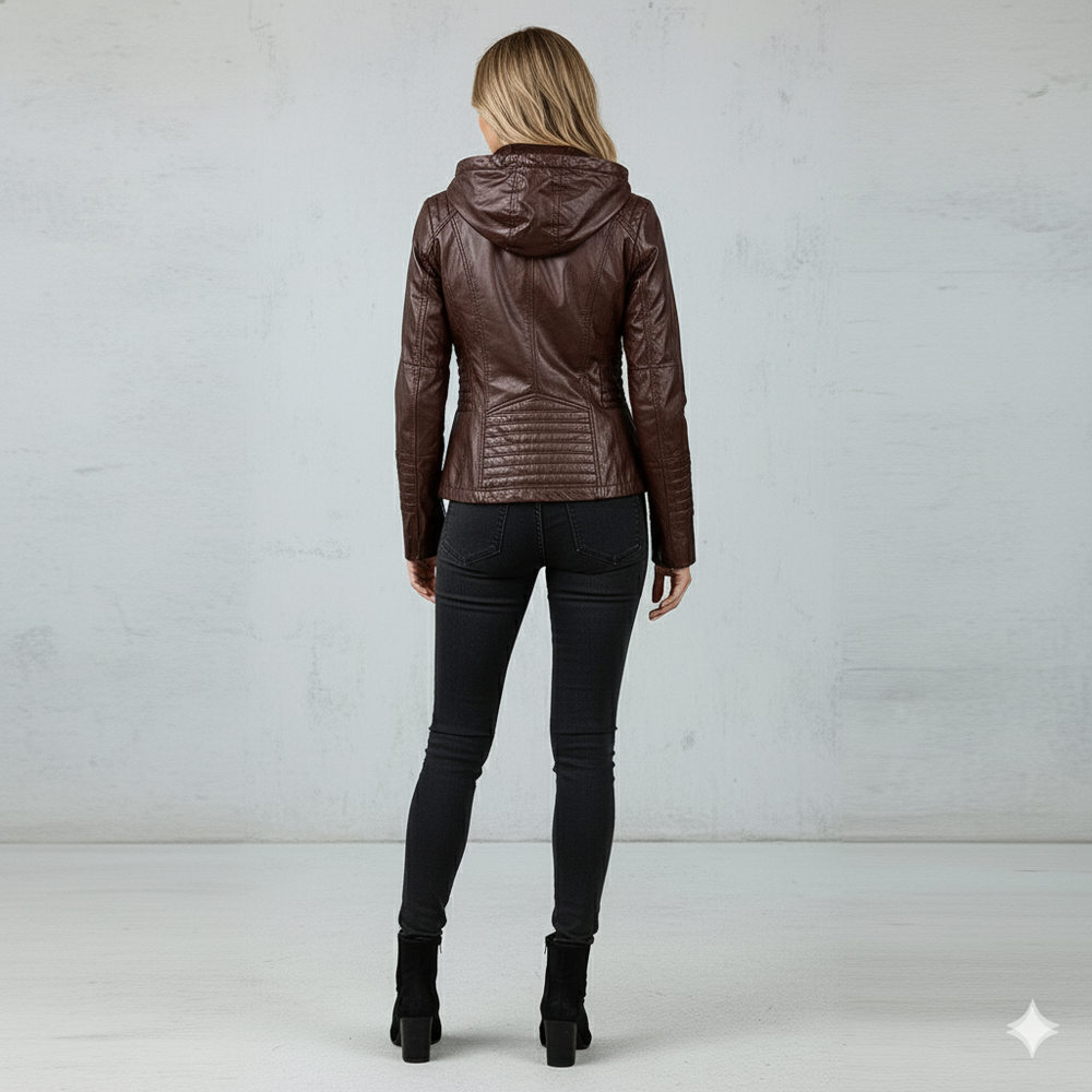 Damen Lederjacke mit Kapuze | Modern & Abnehmbar | Übergang