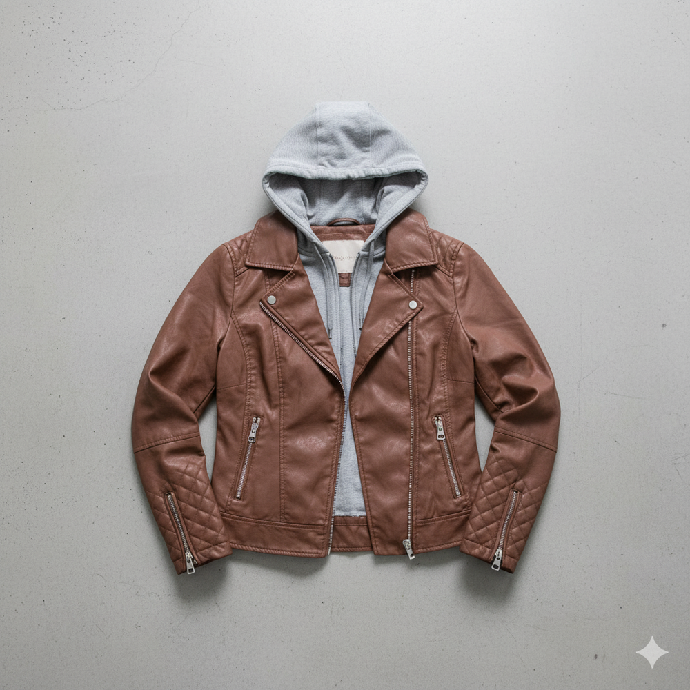 Damen Lederjacke mit Kapuze | Modern & Abnehmbar | Übergang