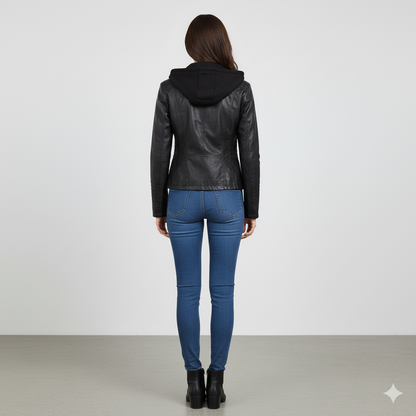 Damen Lederjacke mit Kapuze | Modern & Abnehmbar | Übergang