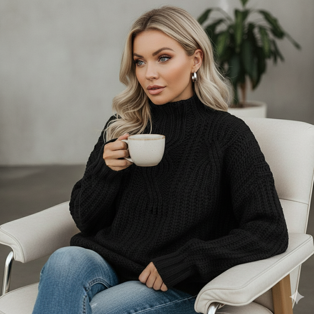 Damen Strickpullover mit Zopfmuster | Warm & Hochgeschlossen | Winter