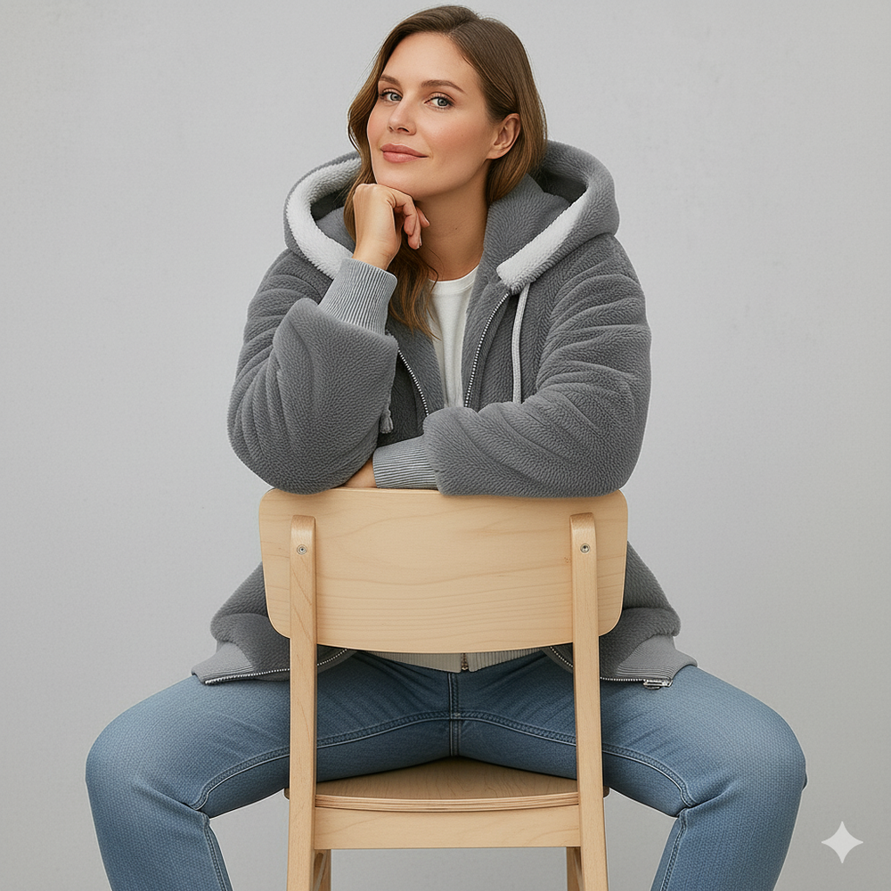 Kuschelige Damen Plüschjacke mit Kapuze und Reißverschluss | Winter