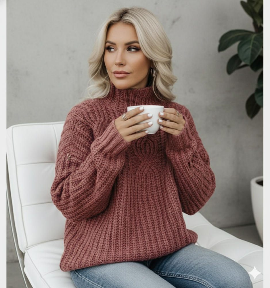 Damen Strickpullover mit Zopfmuster | Warm & Hochgeschlossen | Winter
