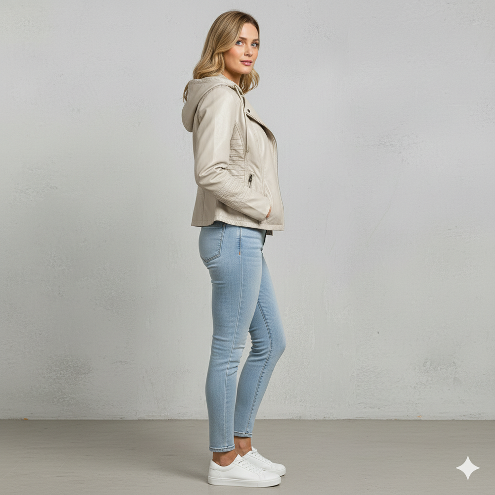 Damen Lederjacke mit Kapuze | Modern & Abnehmbar | Übergang