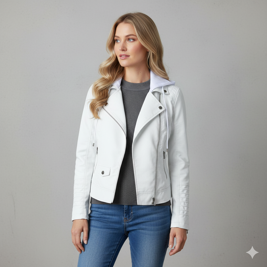 Damen Lederjacke mit Kapuze | Modern & Abnehmbar | Übergang
