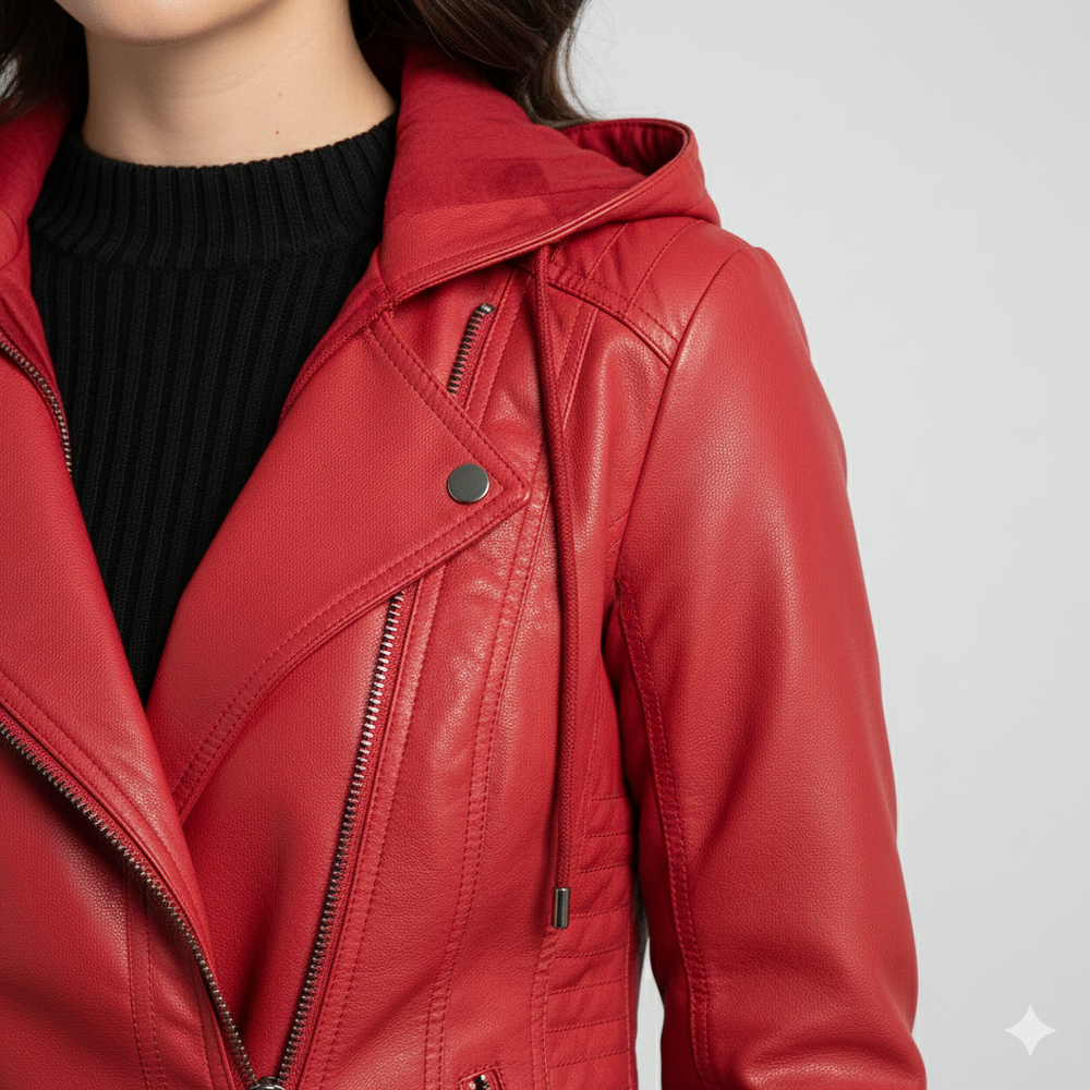 Damen Lederjacke mit Kapuze | Modern & Abnehmbar | Übergang