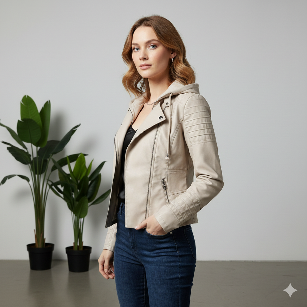 Damen Lederjacke mit Kapuze | Modern & Abnehmbar | Übergang