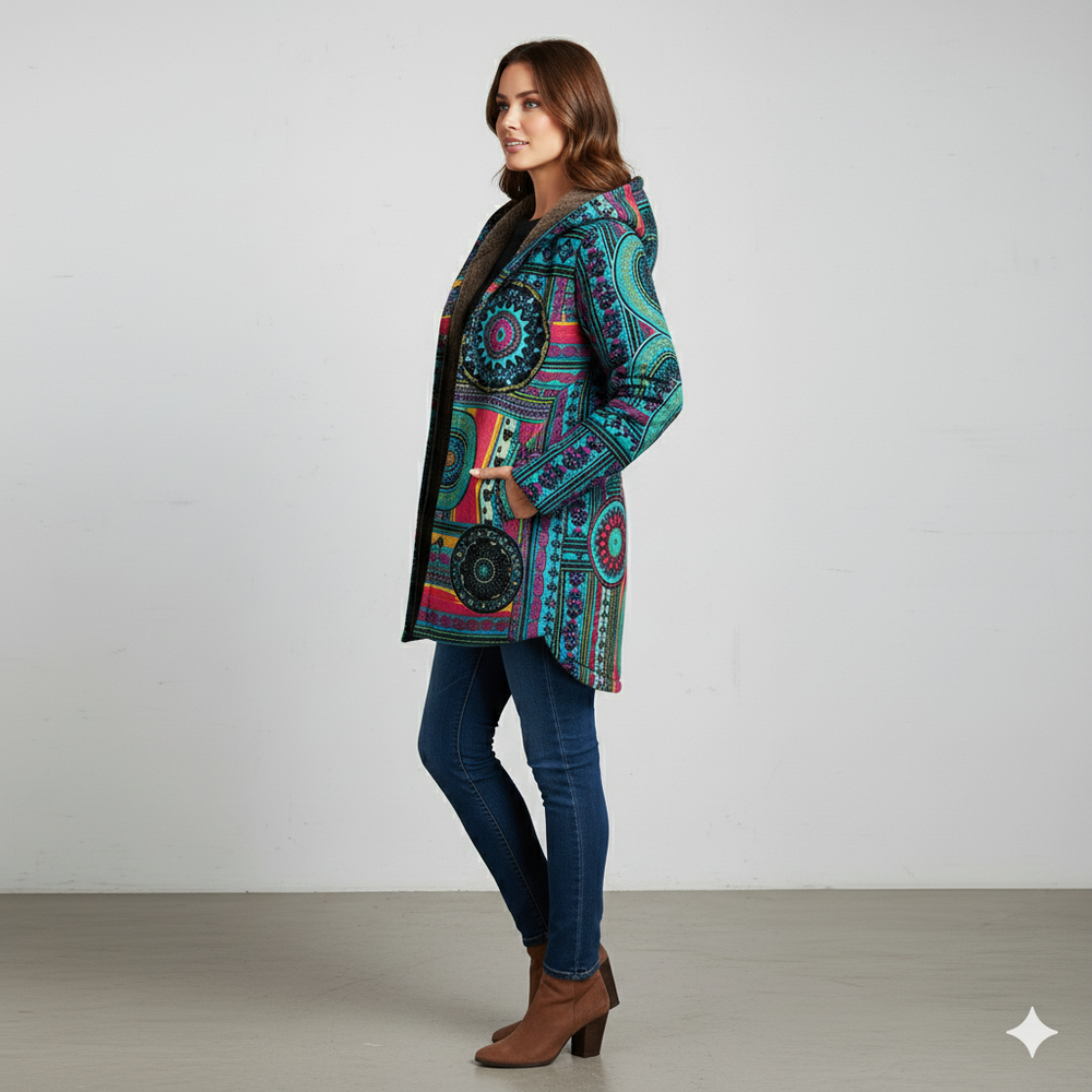 Damen Winterjacke mit Ethno Muster | Warm & Bequem | Kapuze
