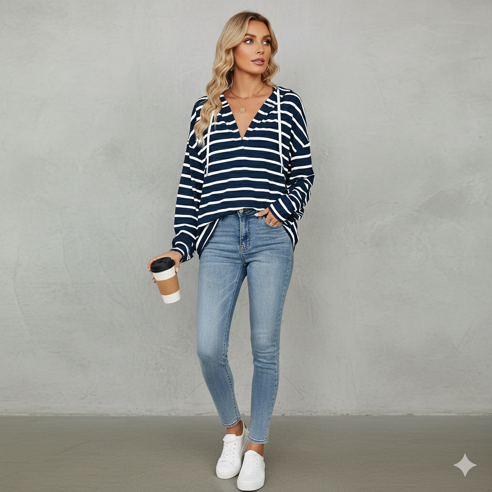 Gestreifter Damen Hoodie mit V Ausschnitt