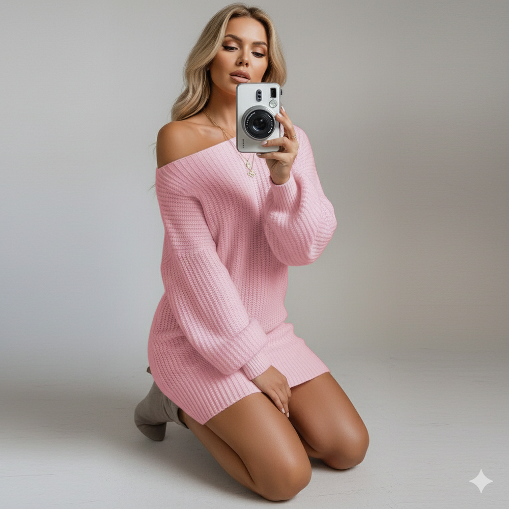 Damen Strickkleid schulterfrei | Elegant & Warm für Herbst Winter