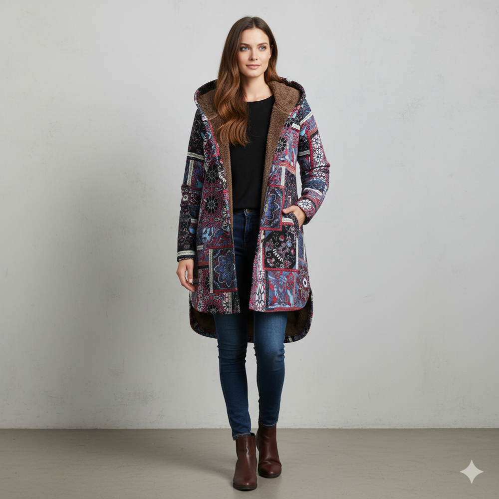 Damen Winterjacke mit Ethno Muster | Warm & Bequem | Kapuze