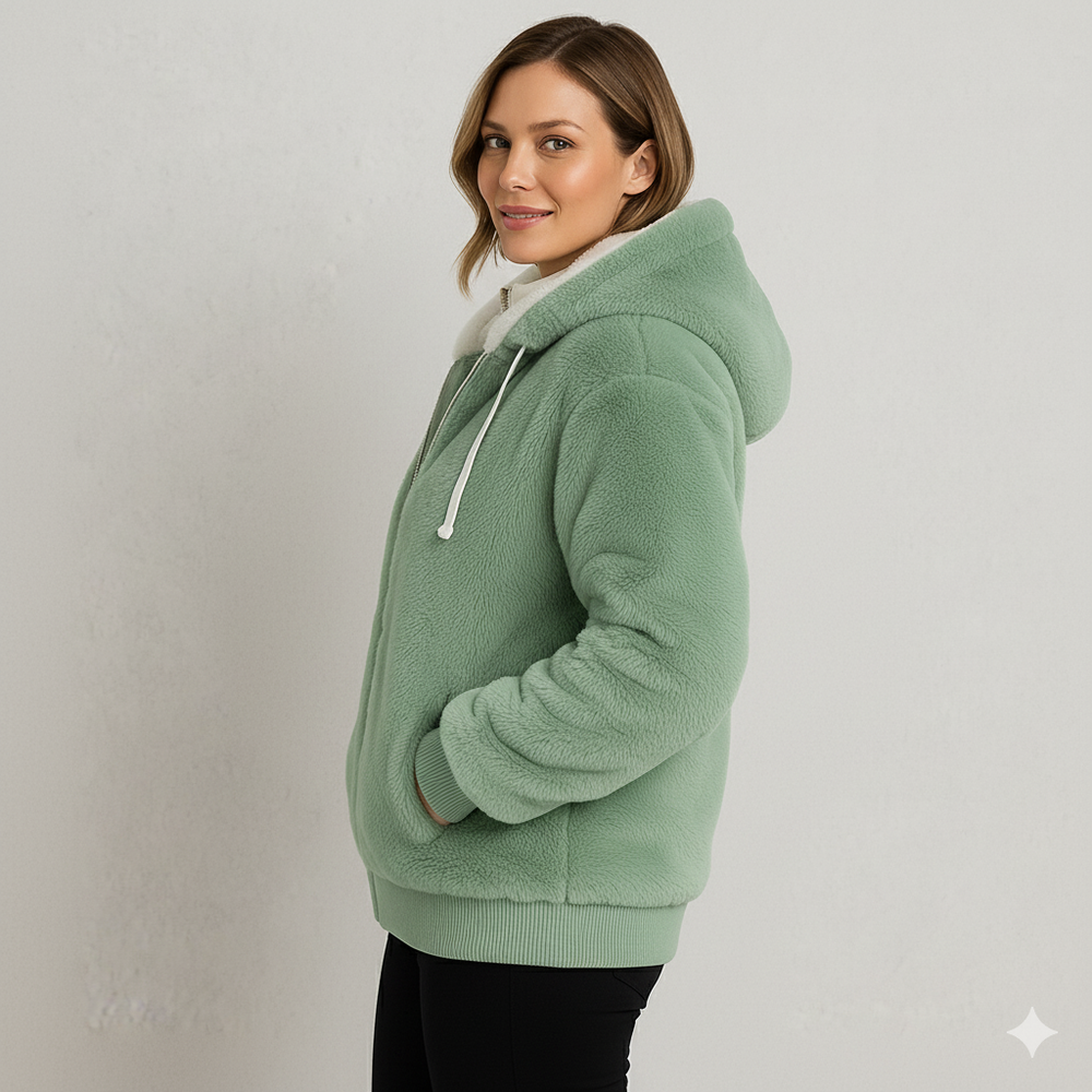 Kuschelige Damen Plüschjacke mit Kapuze und Reißverschluss | Winter