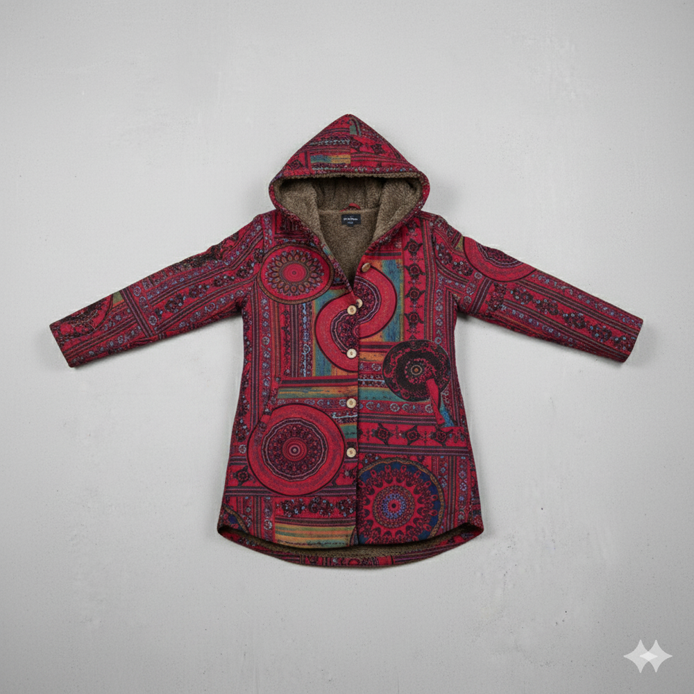Damen Winterjacke mit Ethno Muster | Warm & Bequem | Kapuze