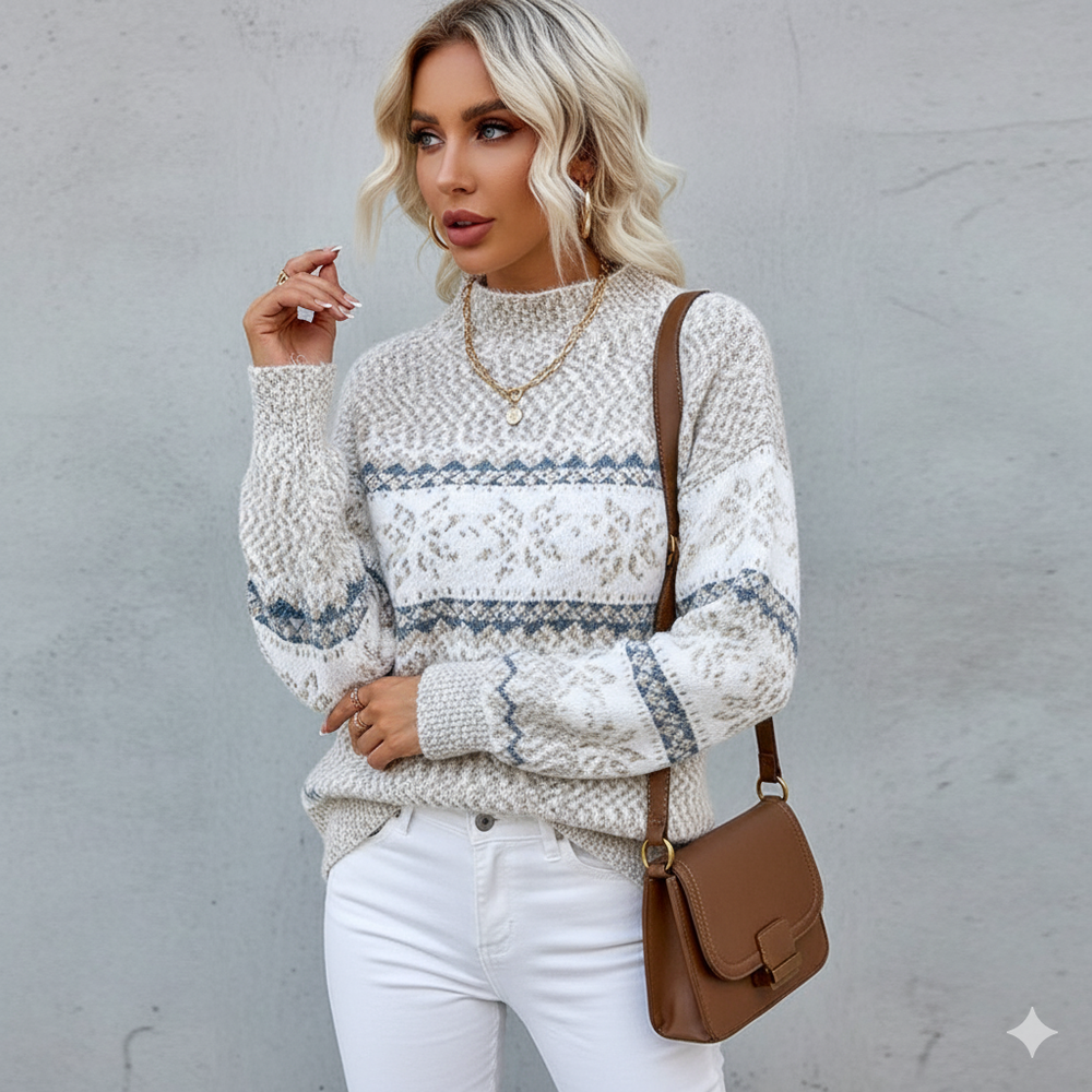 Damen Strickpullover mit Stehkragen | Winter | Schneeflocken-Muster