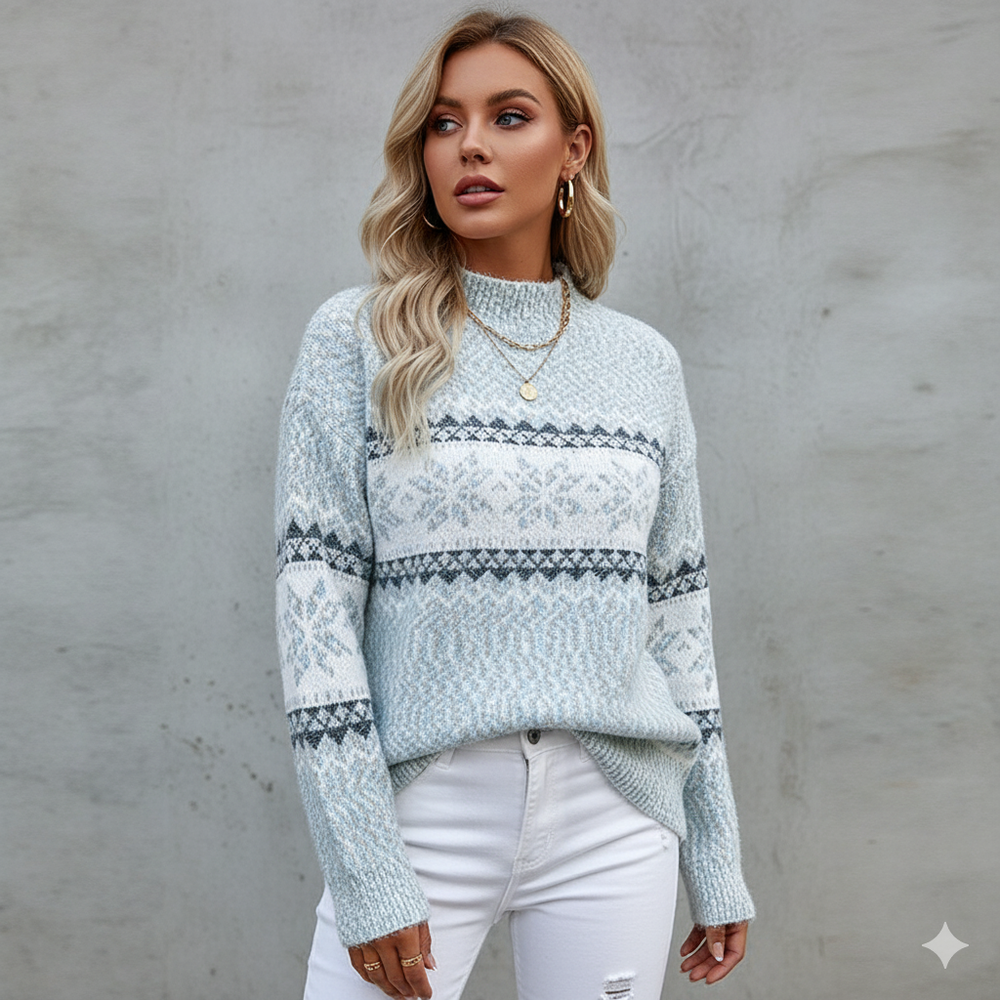 Damen Strickpullover mit Stehkragen | Winter | Schneeflocken-Muster