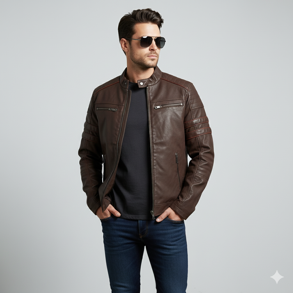 Herren Bikerjacke aus Veganleder mit Stehkragen | Herbst Winter