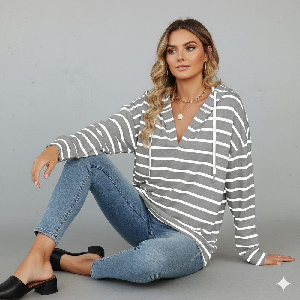 Gestreifter Damen Hoodie mit V Ausschnitt