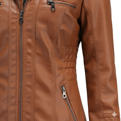 Damen Lederjacke mit Kapuze | Modern & Abnehmbar | Übergang