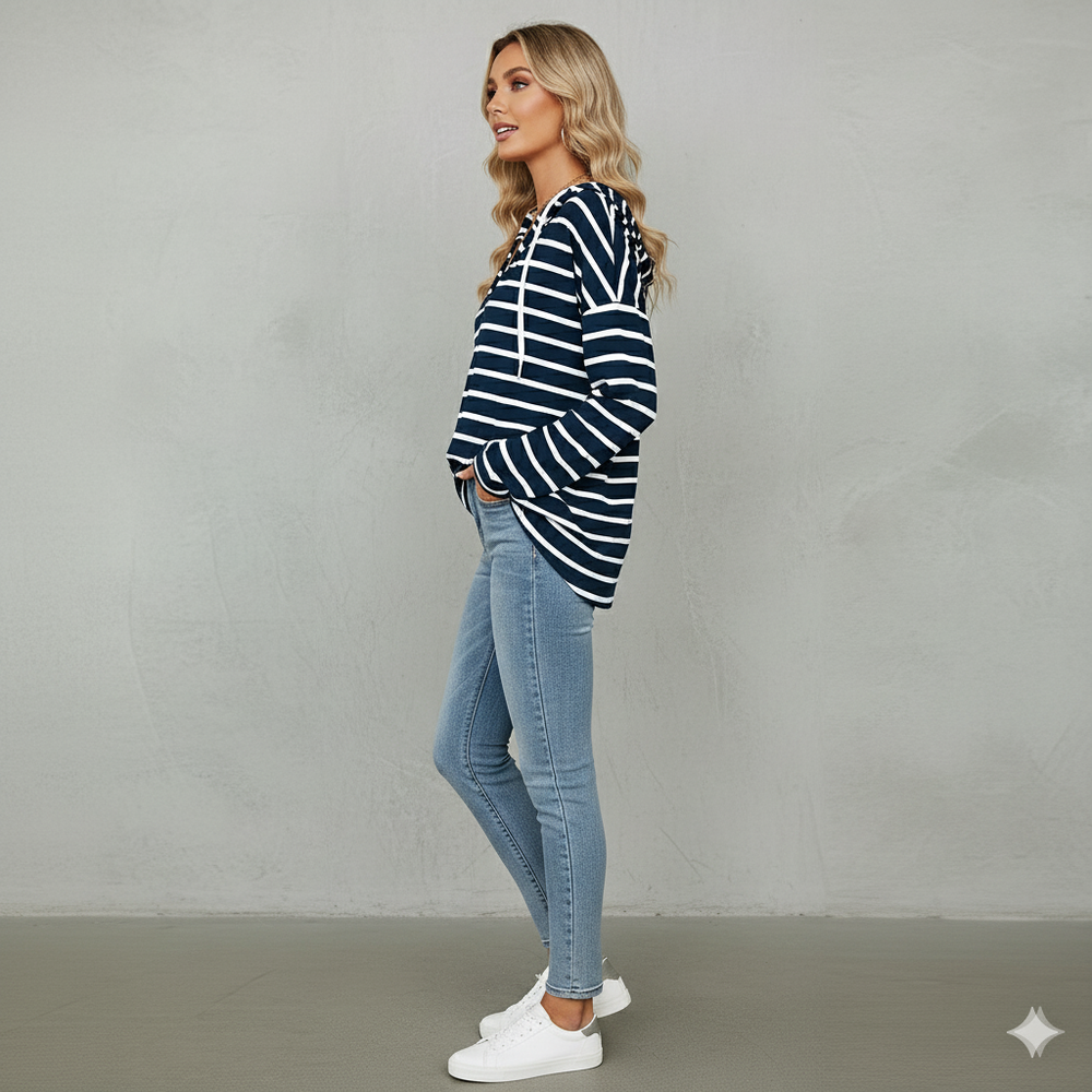 Gestreifter Damen Hoodie mit V Ausschnitt