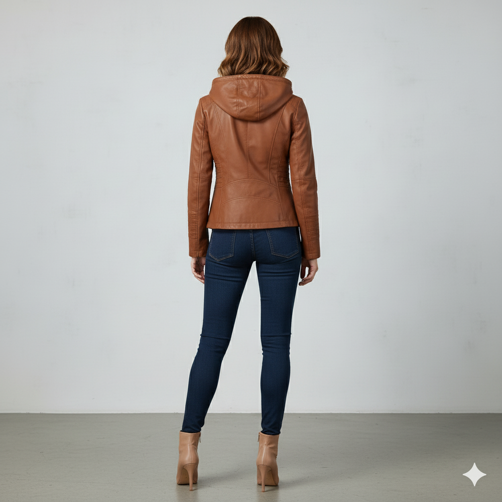 Damen Lederjacke mit Kapuze | Modern & Abnehmbar | Übergang