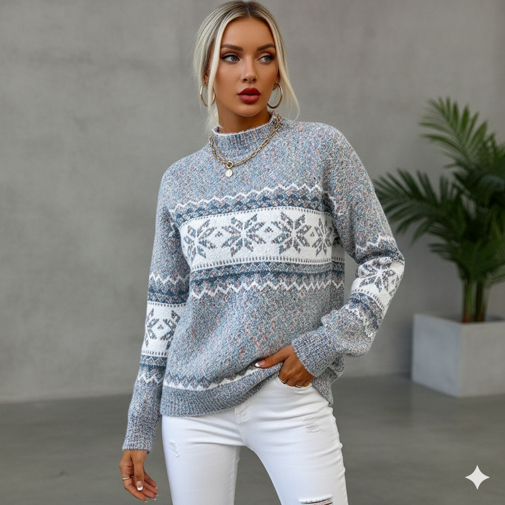 Damen Strickpullover mit Stehkragen | Winter | Schneeflocken-Muster