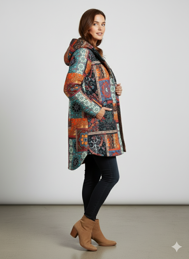 Damen Winterjacke mit Ethno Muster | Warm & Bequem | Kapuze