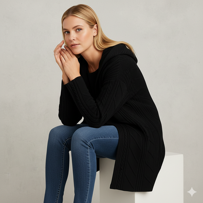 Langer Damen Strickmantel mit Kapuze | Elegant & Warm für Herbst/Winter