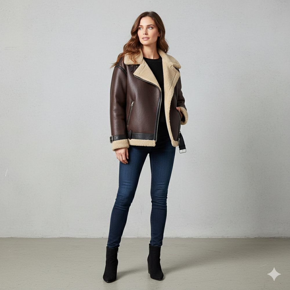 Damen Jacke mit Kunstfellkragen | Biker Style & Warm | Winter