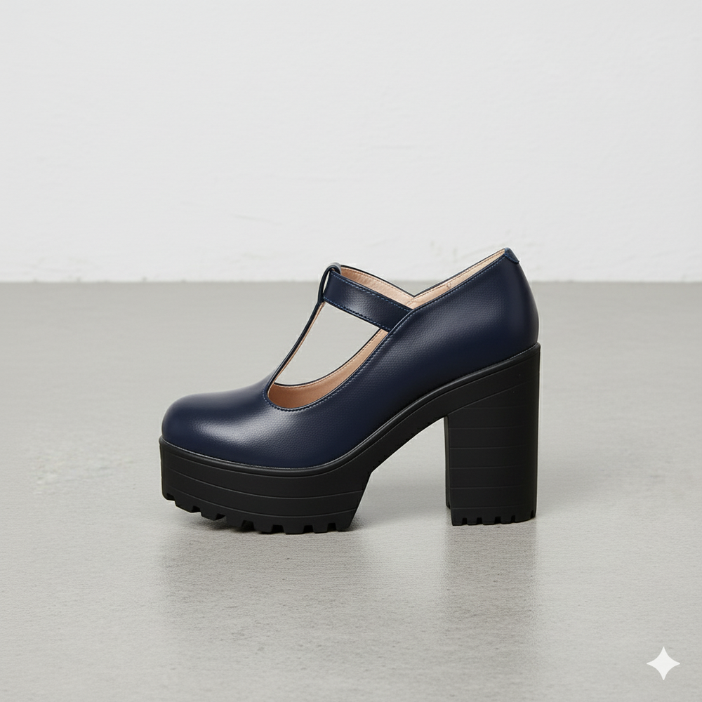 Damen T-Steg Pumps | Retro Stil mit Blockabsatz & Schnalle