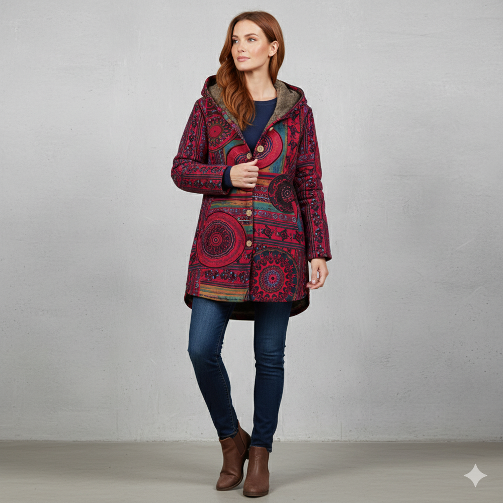 Damen Winterjacke mit Ethno Muster | Warm & Bequem | Kapuze