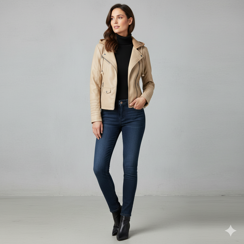 Damen Lederjacke mit Kapuze | Modern & Abnehmbar | Übergang