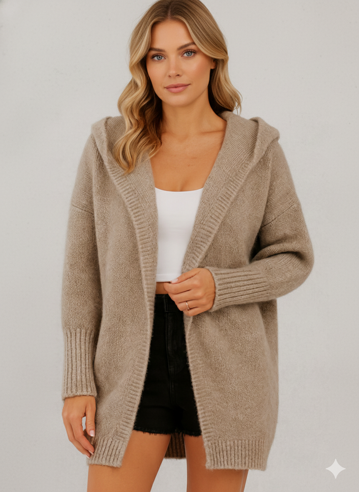 Langer Damen Strickjacke mit Kapuze | Herbst Winter