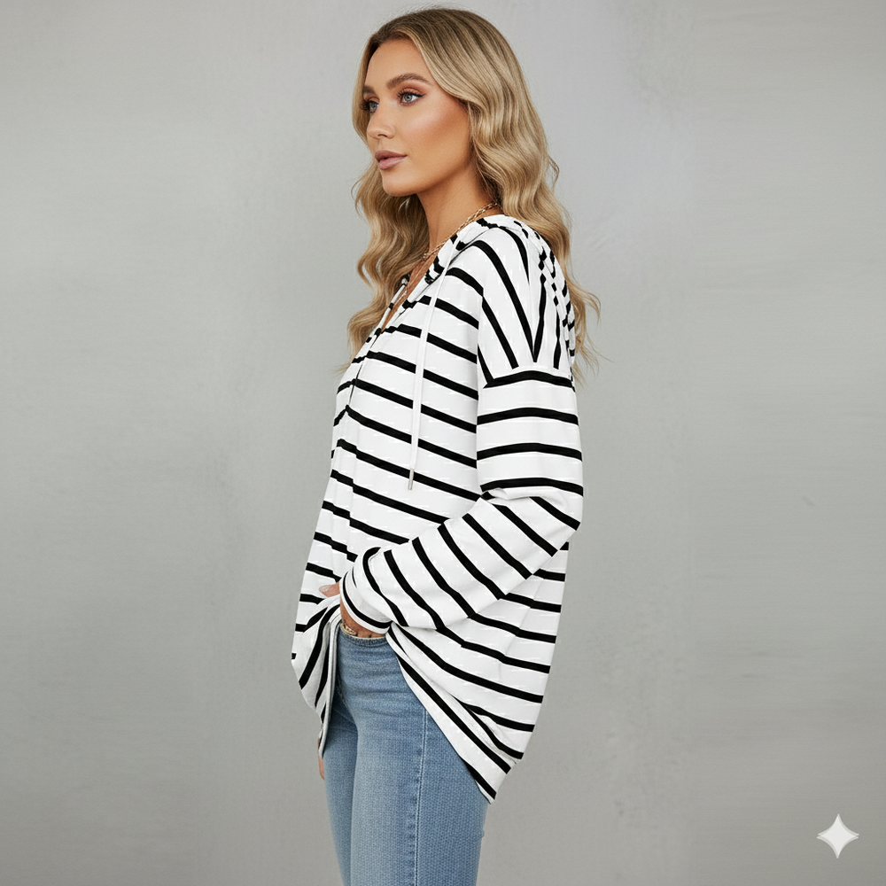Gestreifter Damen Hoodie mit V Ausschnitt