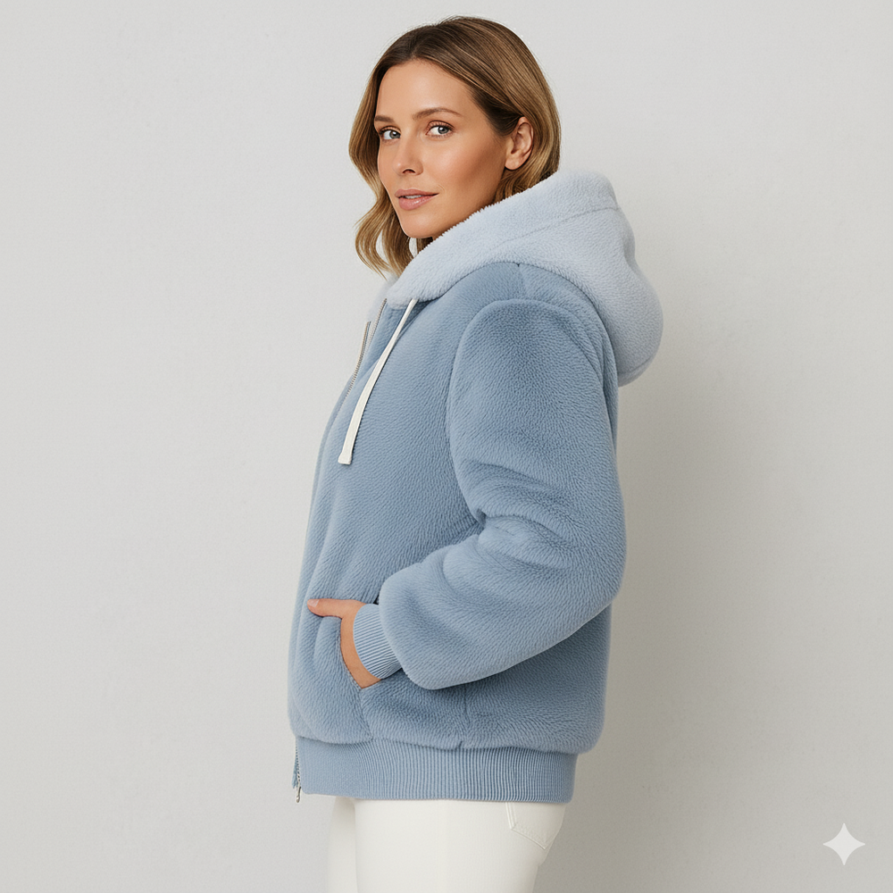Kuschelige Damen Plüschjacke mit Kapuze und Reißverschluss | Winter