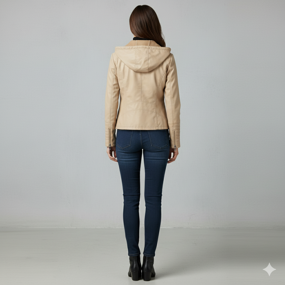 Damen Lederjacke mit Kapuze | Modern & Abnehmbar | Übergang