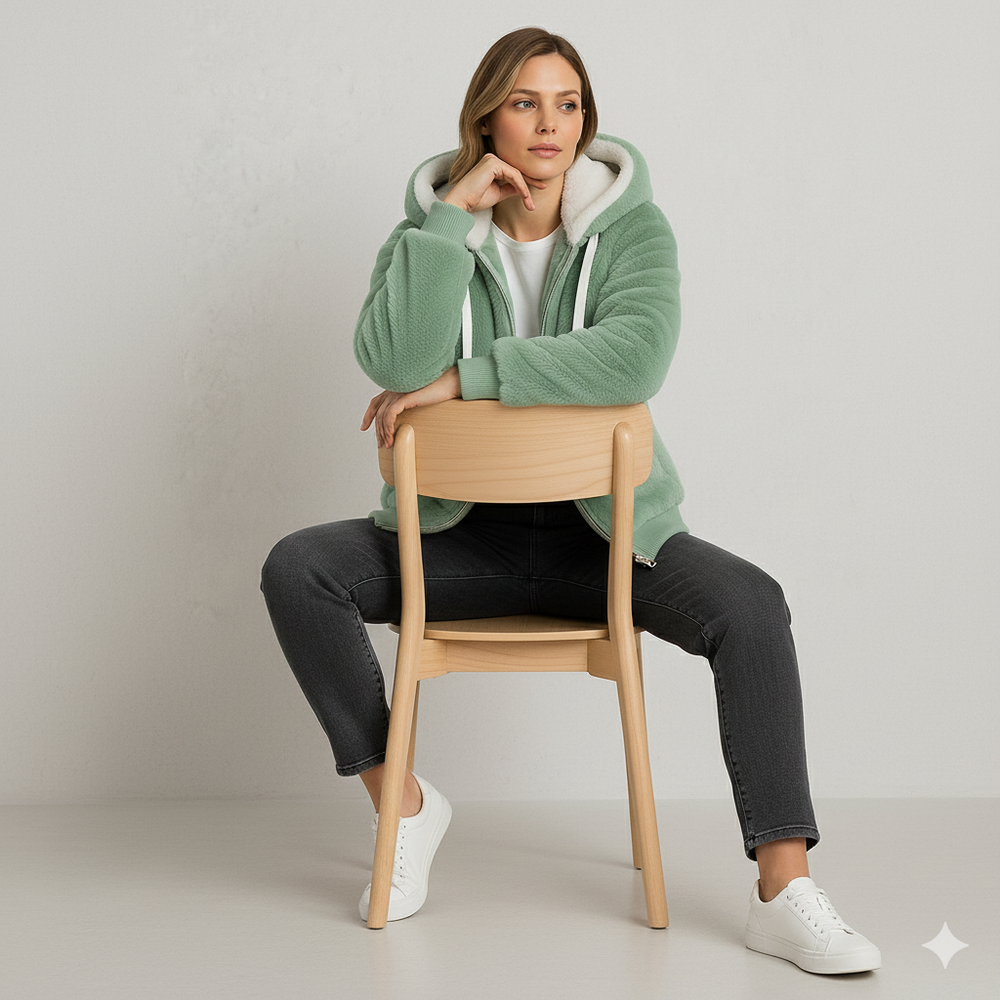 Kuschelige Damen Plüschjacke mit Kapuze und Reißverschluss | Winter