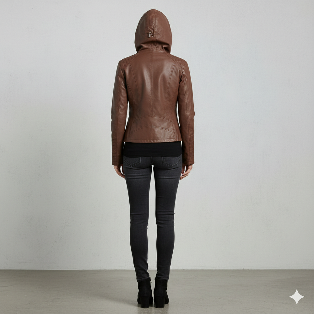 Damen Lederjacke mit Kapuze | Modern & Abnehmbar | Übergang