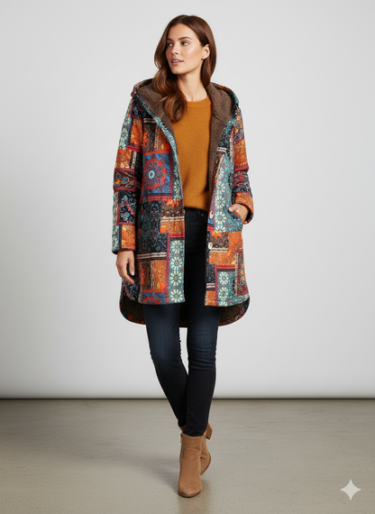 Damen Winterjacke mit Ethno Muster | Warm & Bequem | Kapuze