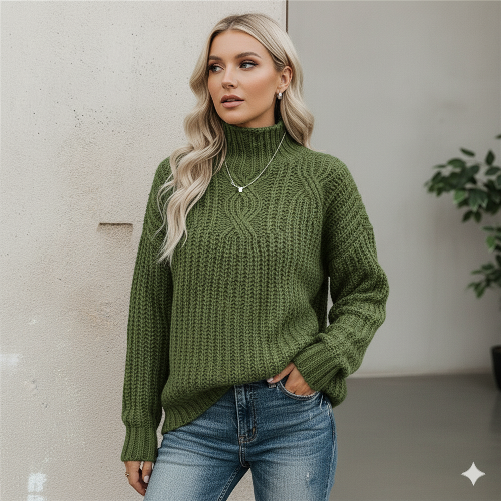 Damen Strickpullover mit Zopfmuster | Warm & Hochgeschlossen | Winter