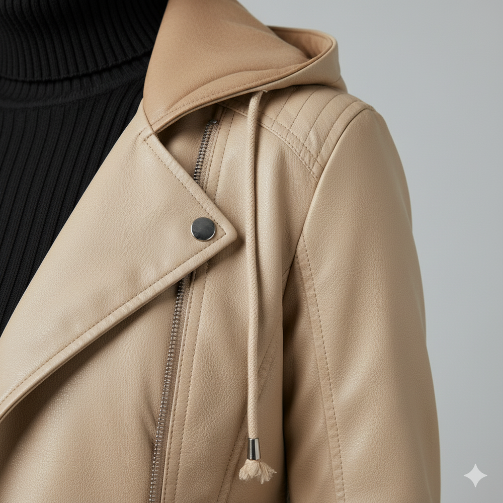 Damen Lederjacke mit Kapuze | Modern & Abnehmbar | Übergang