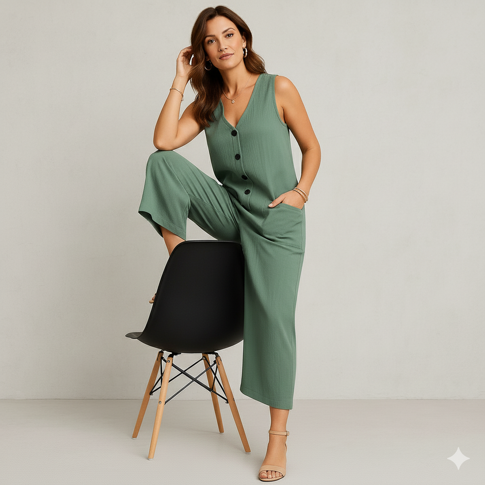 Damen Leinen Jumpsuit ärmellos | Herbst Elegant mit Knopfleiste