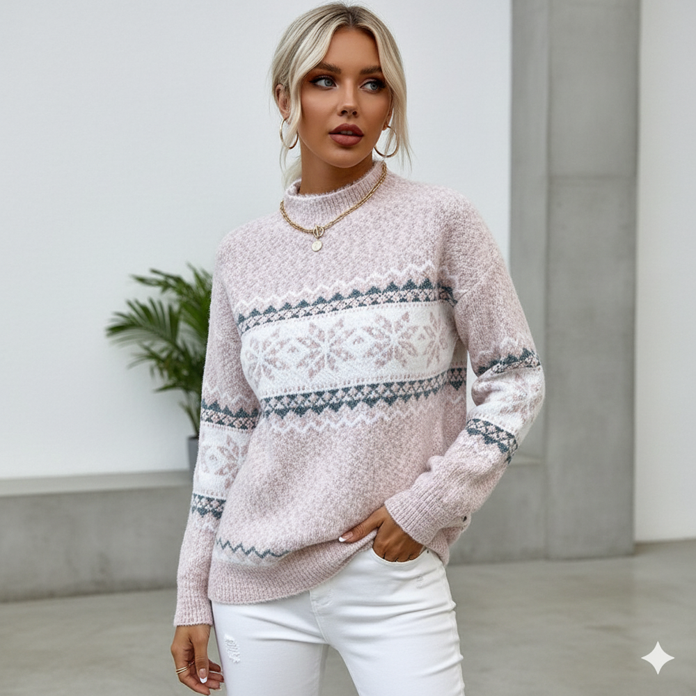 Damen Strickpullover mit Stehkragen | Winter | Schneeflocken-Muster