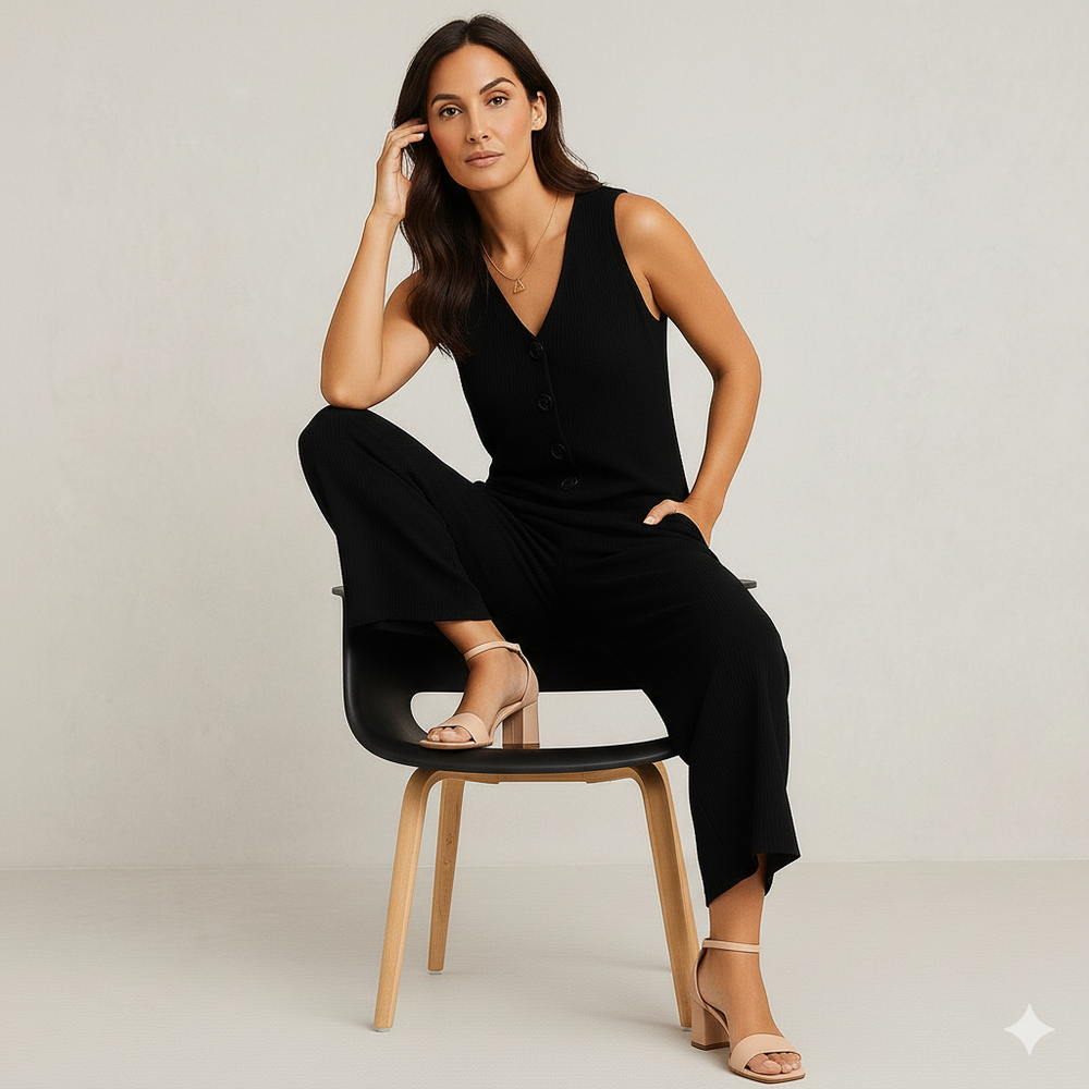 Damen Leinen Jumpsuit ärmellos | Herbst Elegant mit Knopfleiste