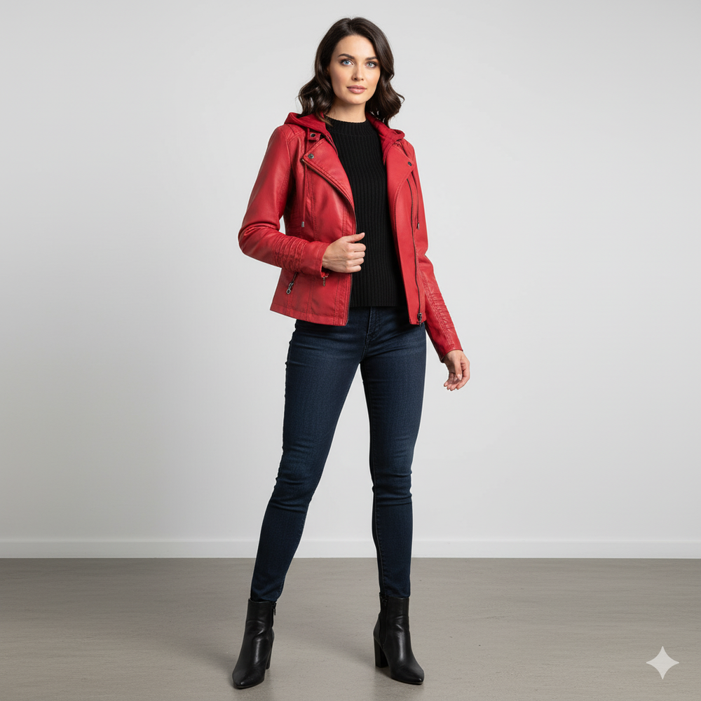 Damen Lederjacke mit Kapuze | Modern & Abnehmbar | Übergang